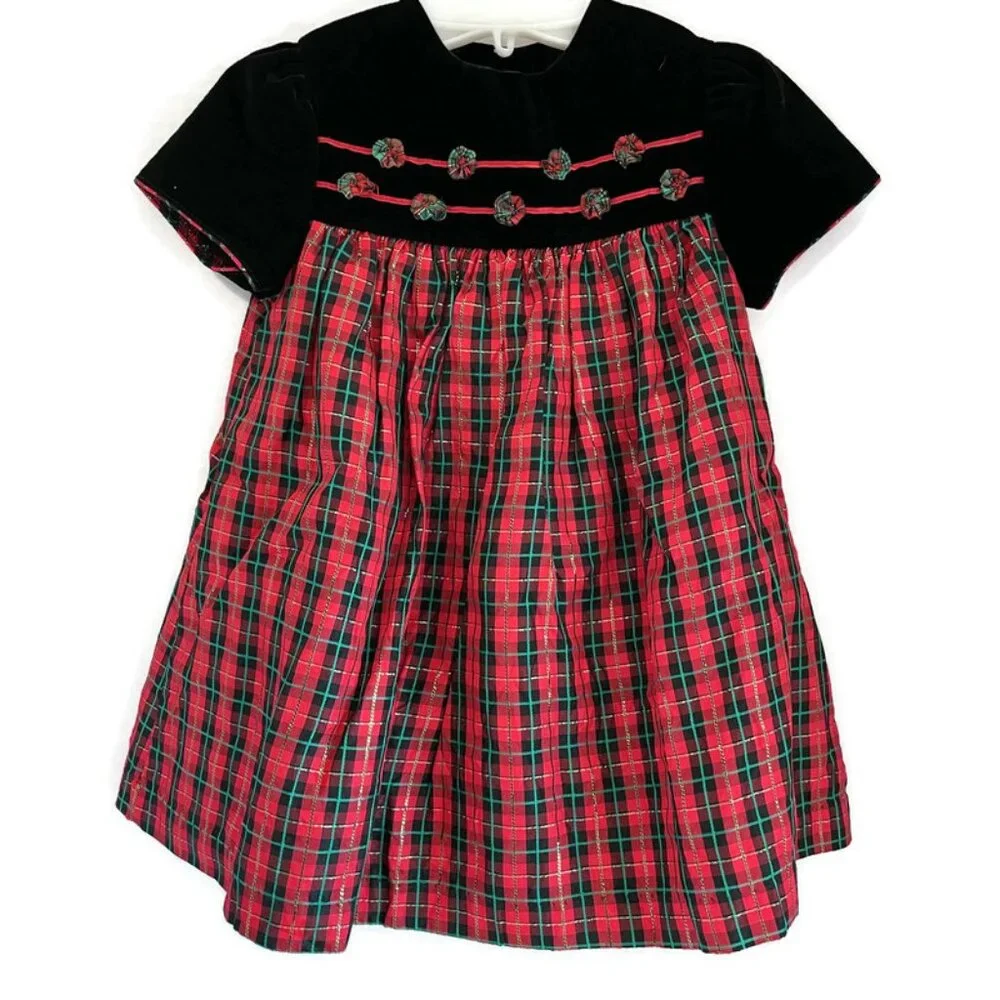 BONNIE JEAN Girls Toddler 3T Black Velvet Red Green Tartan Plaid Holiday Dress